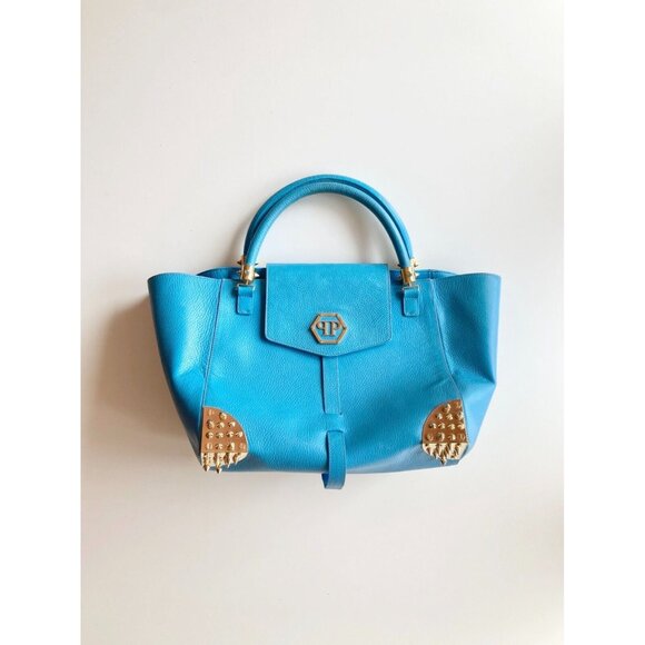 PHILIPP PLEIN Jenna Large Basics Shell Bag Studded Blue Leather Tote Bag Purse - Picture 1 of 14